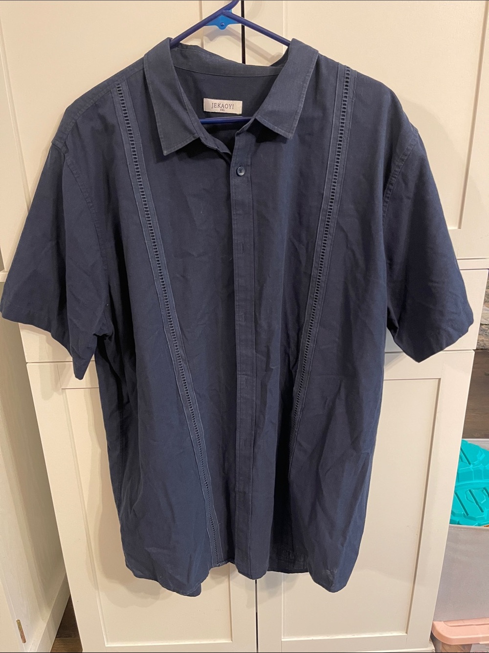 JEKAOYI Men's Casual Navy Short-Sleeve Button-Down Shirt